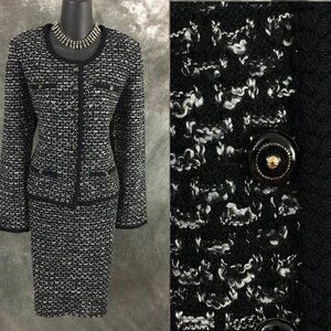 BEAUTIFUL St John collection knit black white multi jacket skirt suit size 10